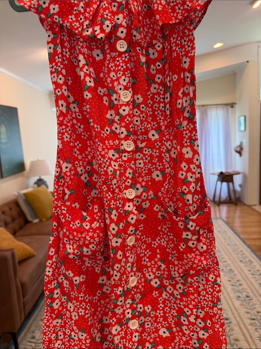 Red Floral Mini Dress with Ruffle Neckline - Picture 3 of 6
